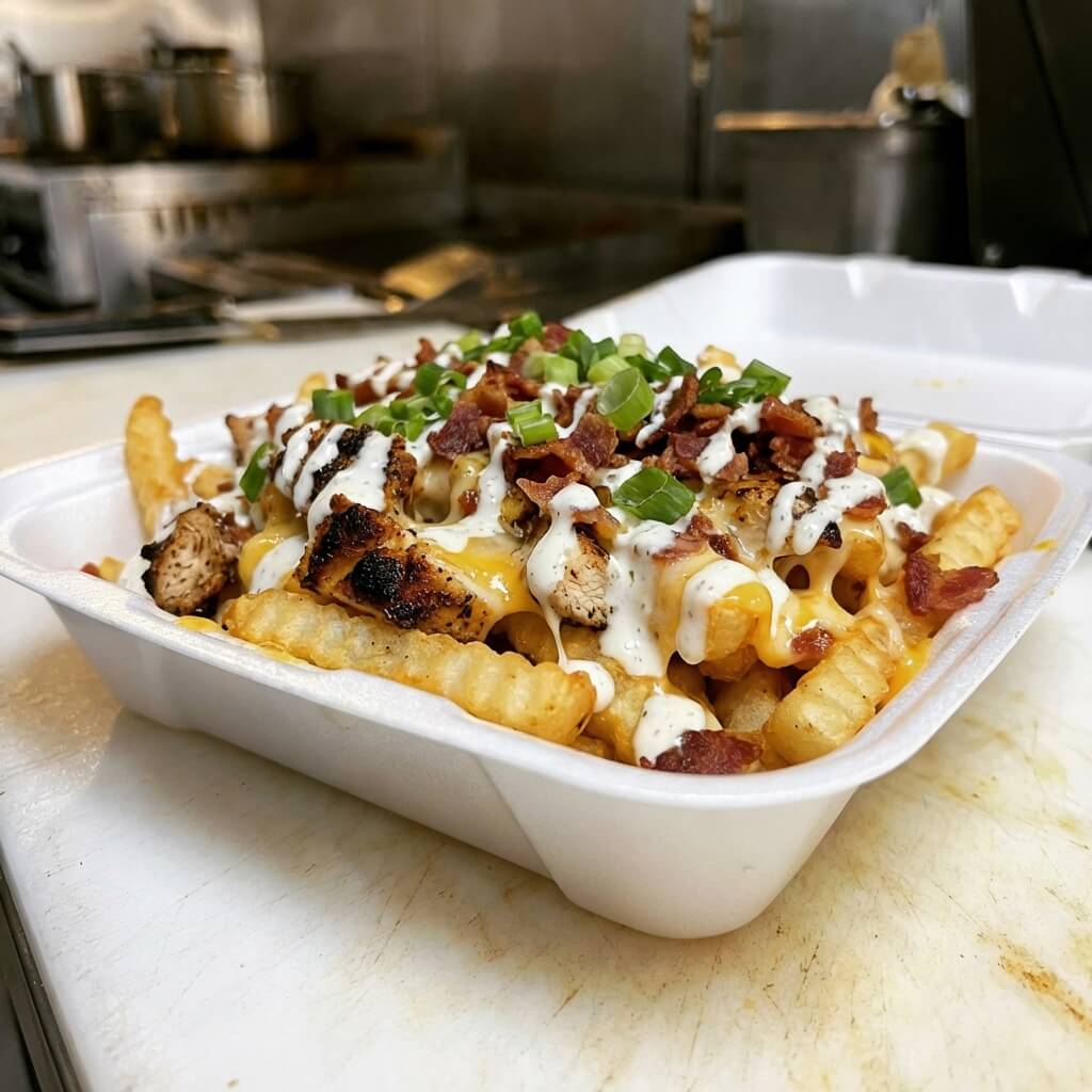 Fries with blackened grilled chicken, bacon, queso, ranch and green onions
