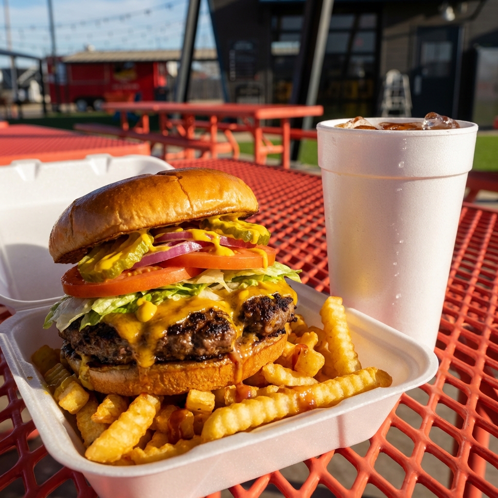 Patty topped with cheddar cheese, lettuce tomato, onion, pickles, mustard on a brioche bun.
