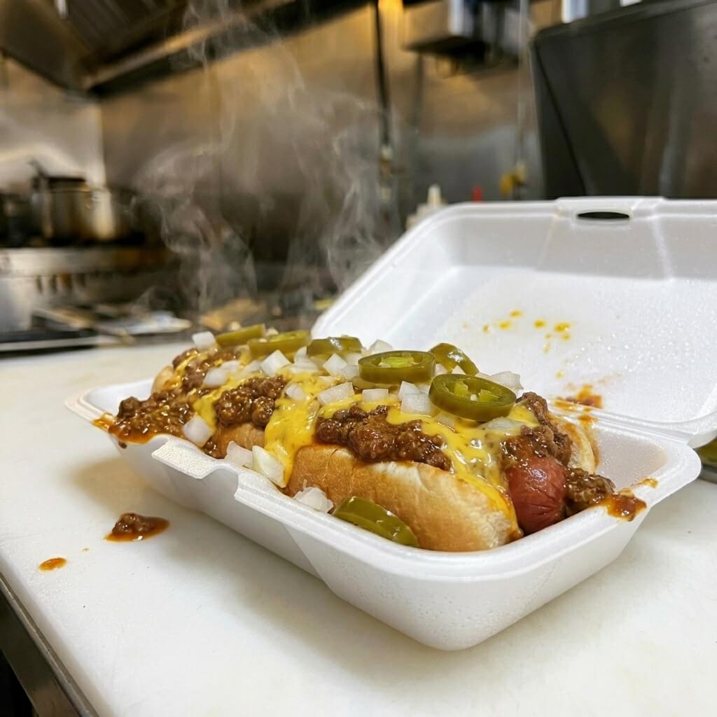 Footlong dog with chili, queso, onions, jalapeños