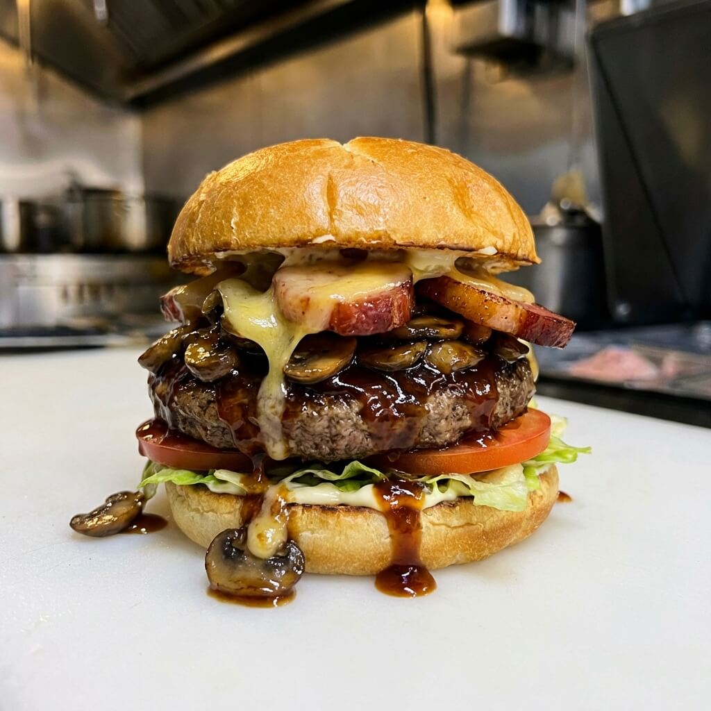 Juicy burger with Sautéed mushrooms in Jack Daniel sauce topped with Gouda Applewood bacon on a bed of lettuce tomatoes and mayo on a Kaiser bun