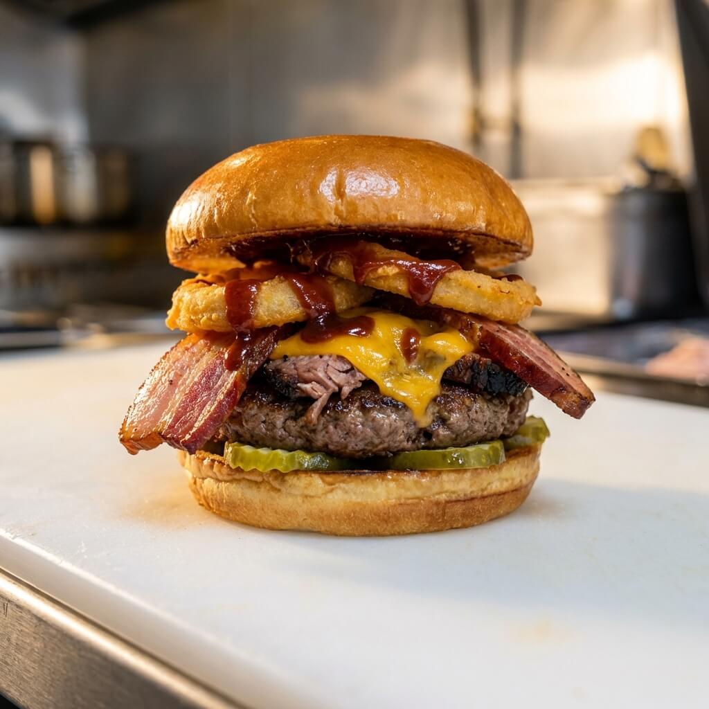 Burger topped with brisket Applewood bacon cheddar cheese and onion rings on a house bun with Bbq sauce and pickles