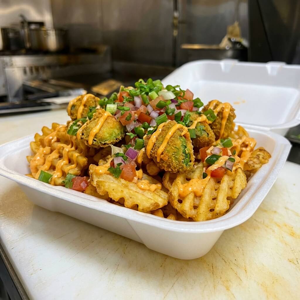 Waffle fries topped with fried avocado, pico de gallo, green onions, sriracha mayo