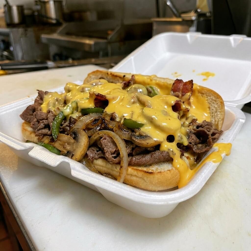 Philly cheesesteak with beef philly meat, grilled onions, peppers, mushrooms, bacon and cheese sauce