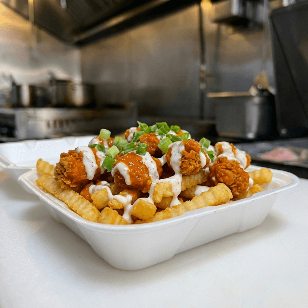 Fries topped with fried buffalo chicken with ranch and green onions