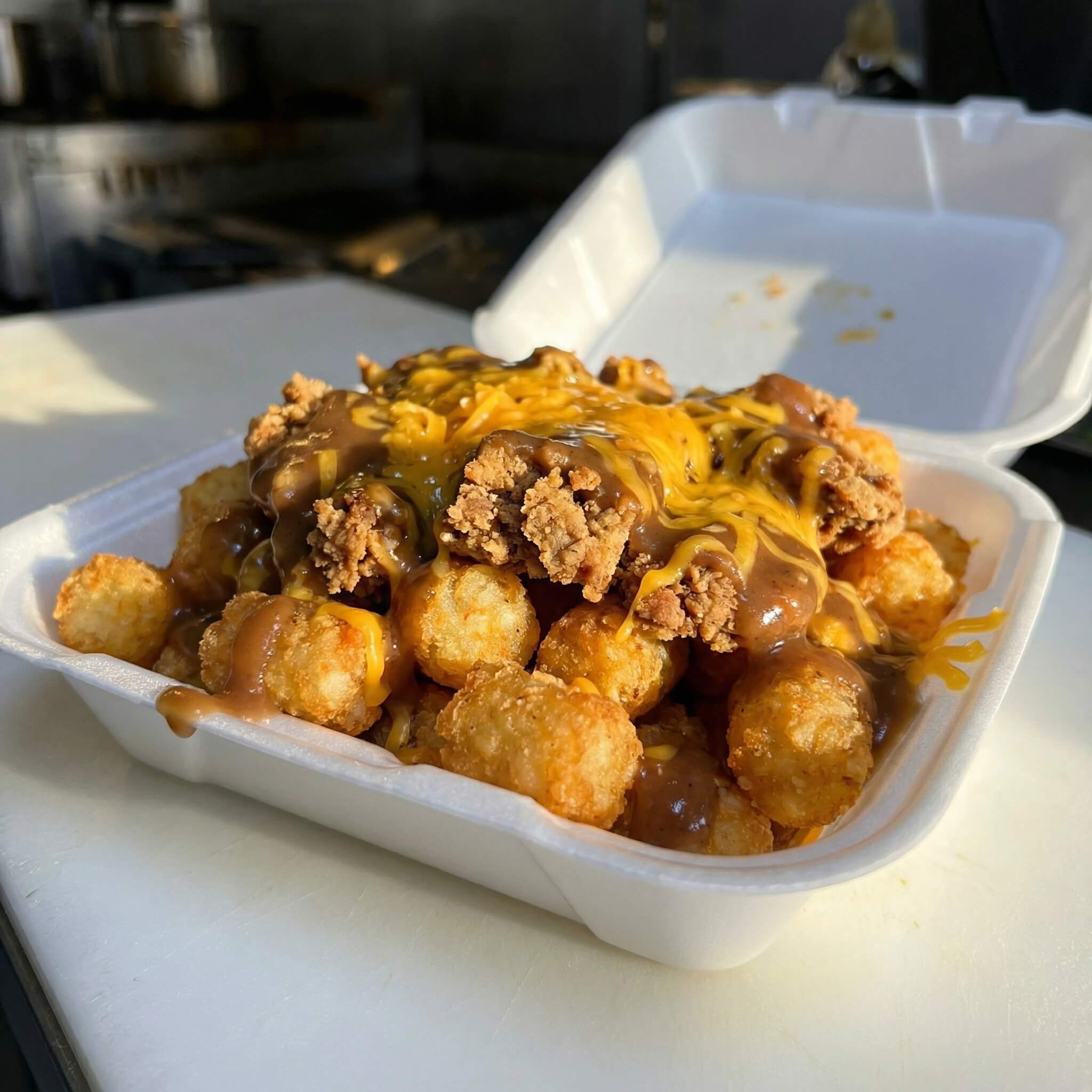 Tots topped with country fried steak, brown gravy, and shredded cheese.