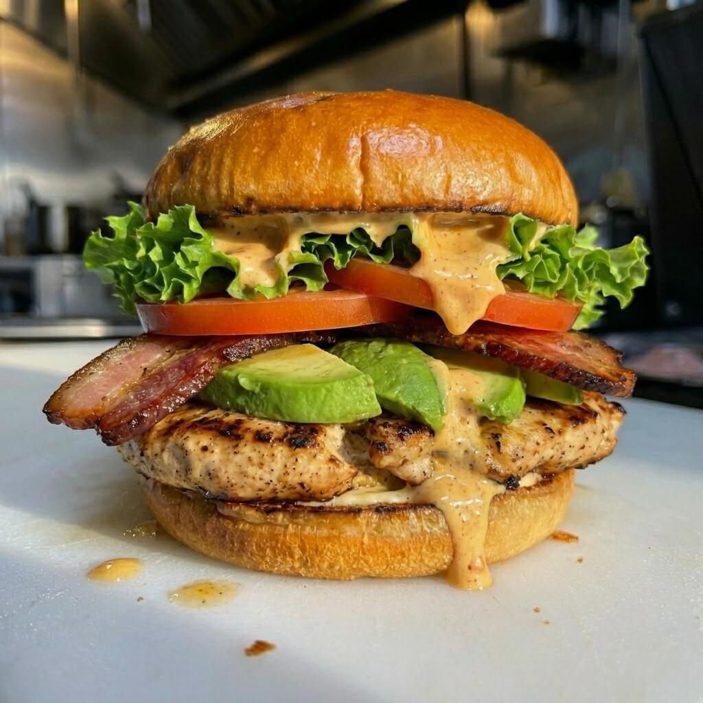 Chicken patty topped with avocados, Applewood bacon, lettuce, tomatoes, chipotle mayo, and served on a sweet jalapeno bun