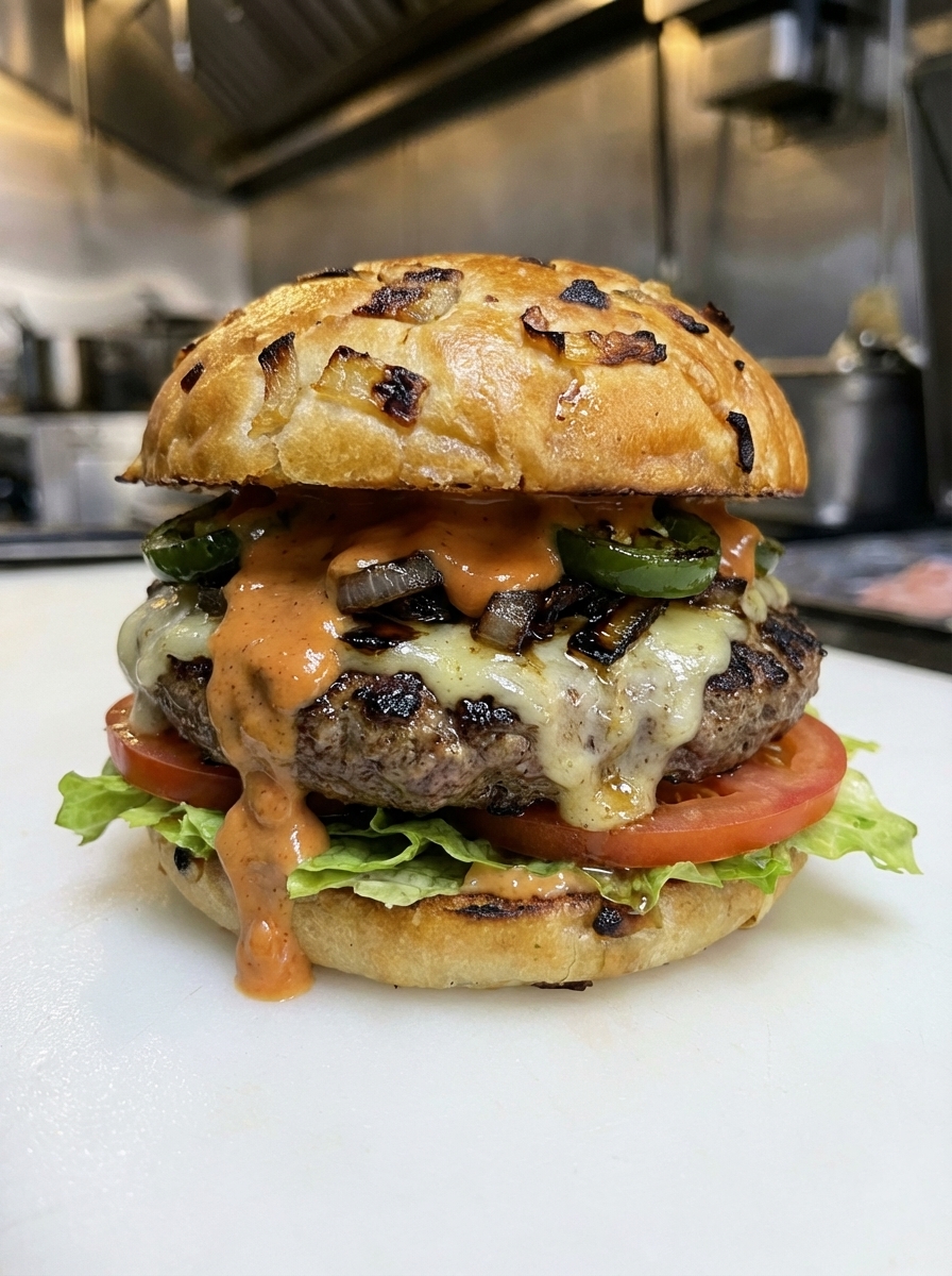 A 1/3 pound beef patty topped with Heinz 57 sauce, grilled onions and jalapenos, carolina reaper cheese, lettuce, and tomato on a housemade onion bun.