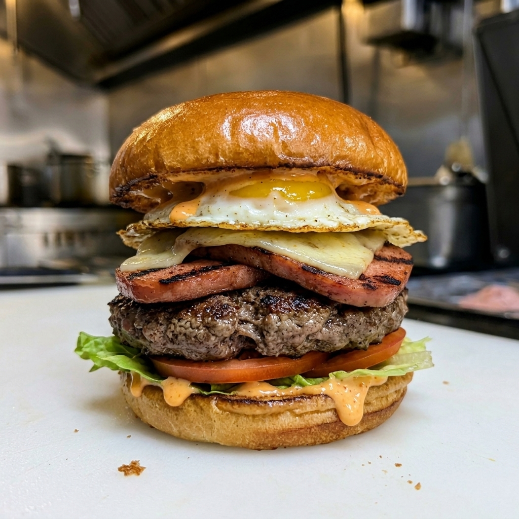 A beef patty topped with grilled SPAM, an egg cooked to order, Sriracha mayo, Muenster cheese, lettuce, and tomato on a Brioche bun.