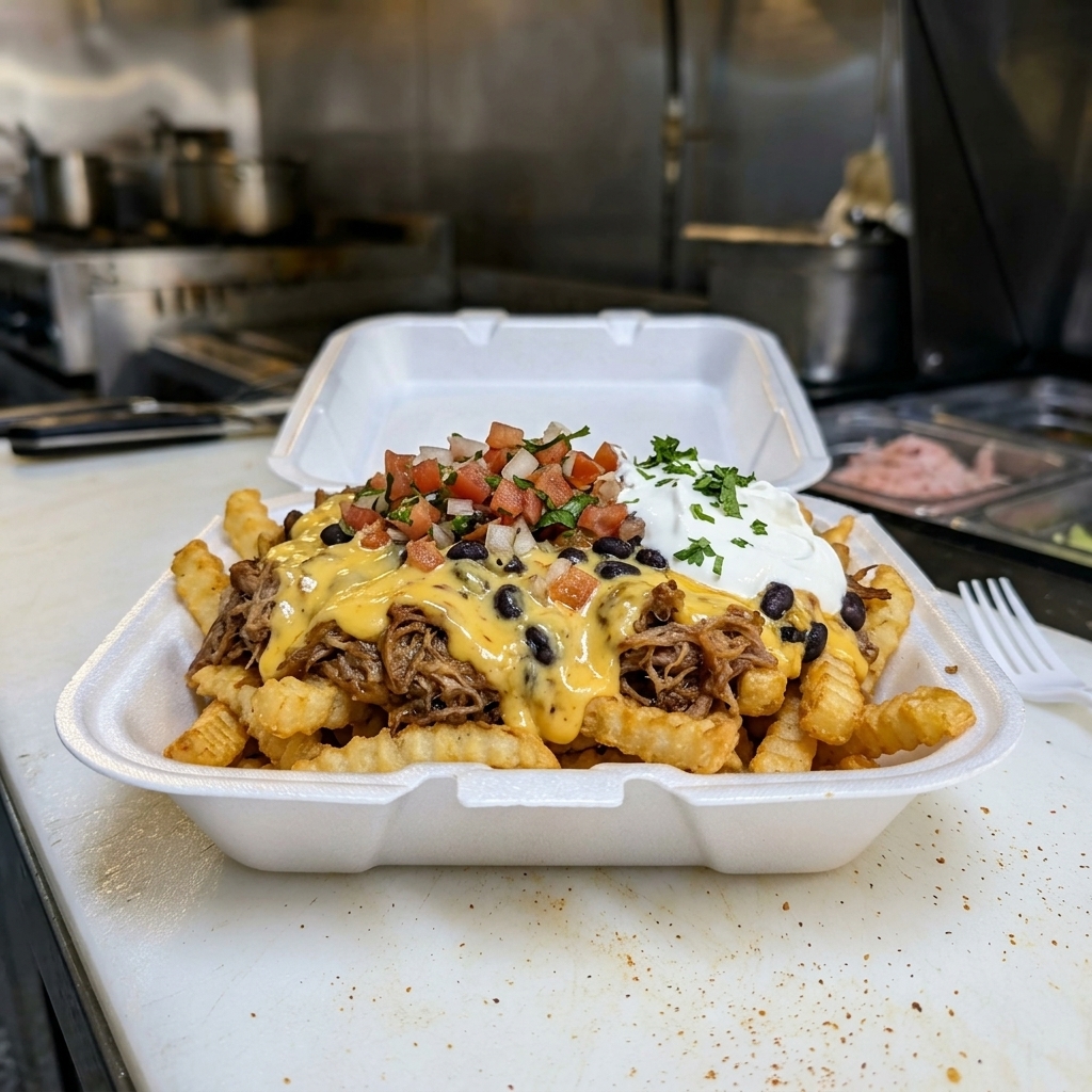 Crinkle cut fries topped with pulled pork, black beans, queso, pico, and sour cream.