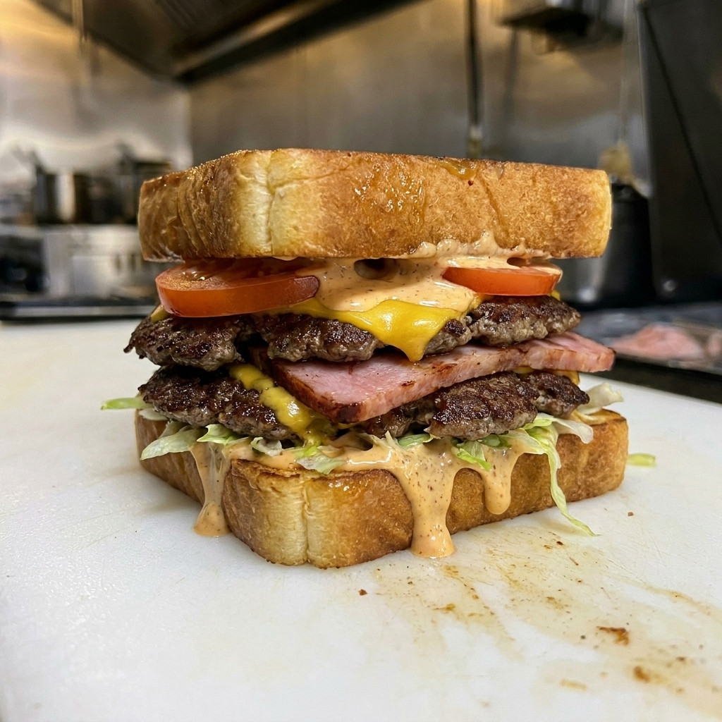 Triple beef patties, ham, cheddar cheese, lettuce, tomato, chipotle mayo, on Texas toast