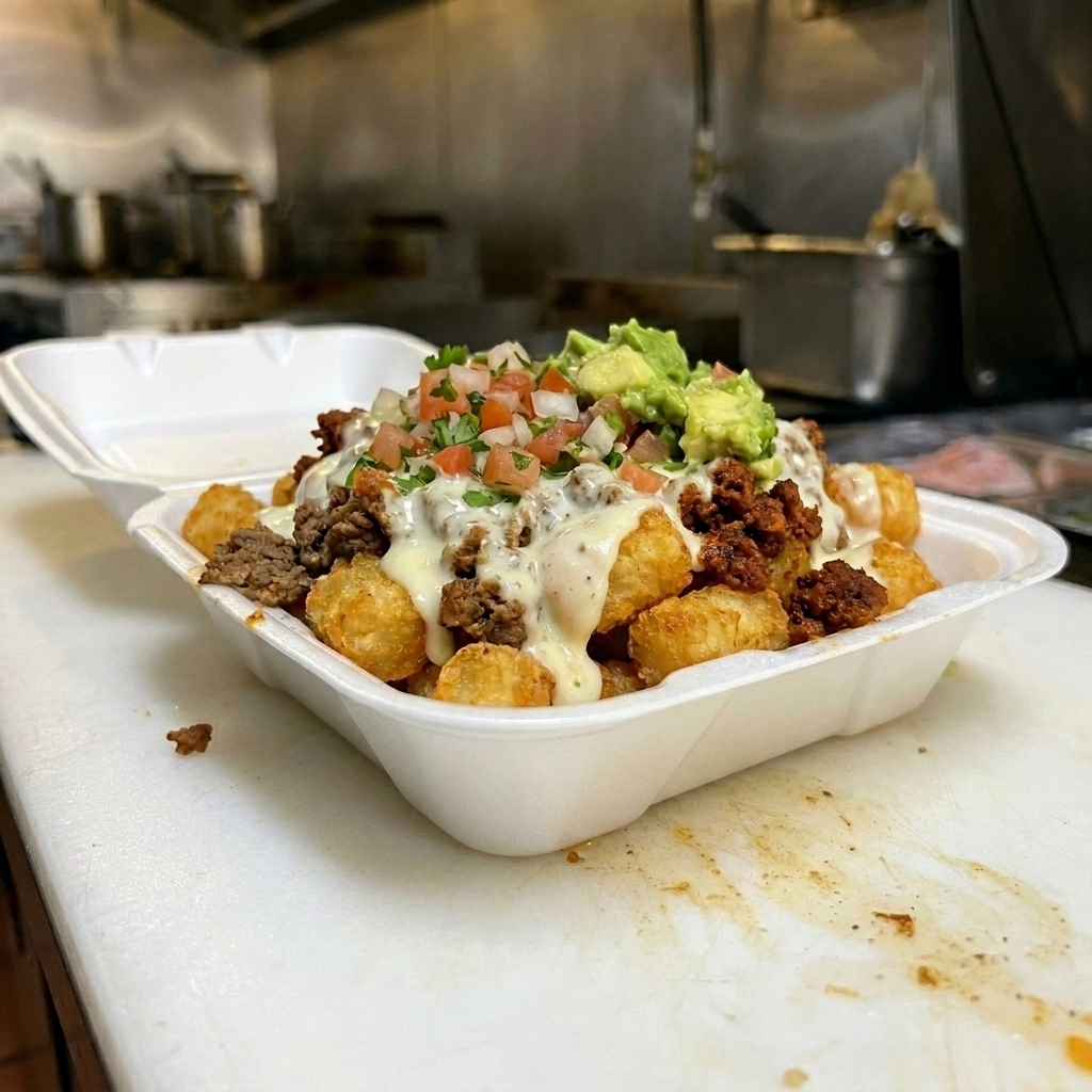 Tots topped with taco meat, chirizo, queso, pico, and avocado